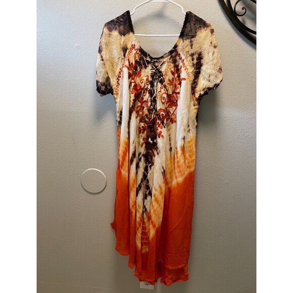 Tie-Dye Womens Free Size Dress Beach By Exist Orange & Brown Floral Embroidery - Picture 1 of 11